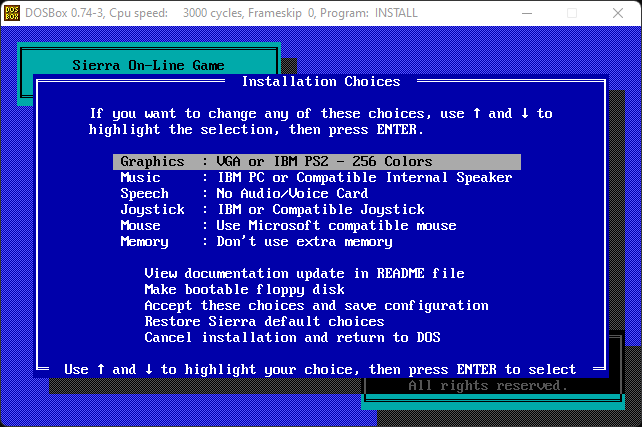 Sierra On-Line game Installation Choices