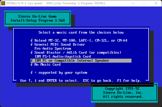 Sierra On-Line game music card choices