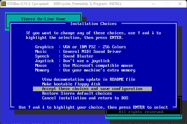 Sierra On-Line game Installation Choices