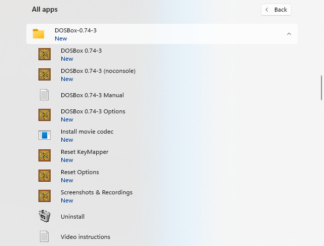 DOSBox start menu in Windows 11