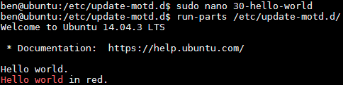 nano file 30-hello-world showing colours
