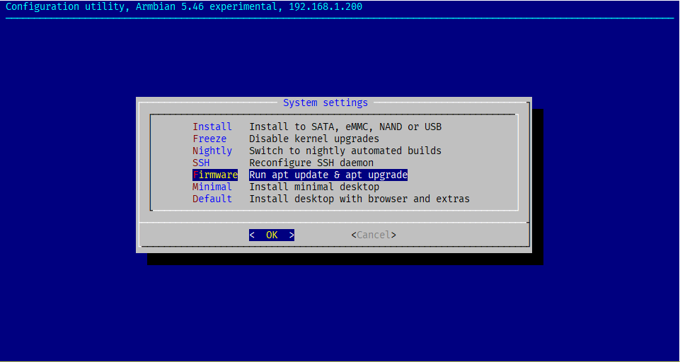 Armbian-config System settings, Firmware