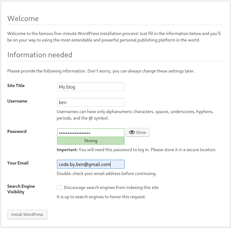 WordPress Install web form